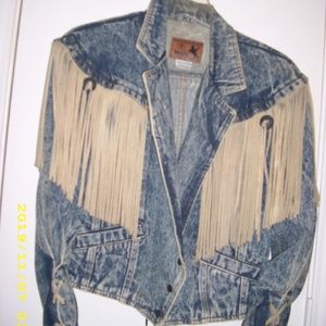 Vintage Blue Jean Jacket with leather trim fringe.